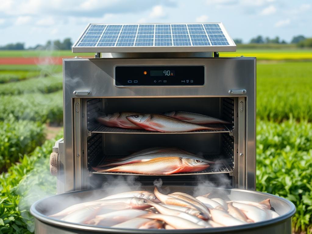 **AI Image Generation Prompt:**

Create a realistic high-resolution photo that vividly illustrates the importance of a fish/meat drier system designed for food preservation, sustainable energy use, and economic development. The composition should feature a single subject: the fish/meat drier system showcasing its practical application in a rural or community setting. 

### Composition Details:
- **Subject Matter**: The central focus should be a state-of-the-art fish/meat drier system, prominently displayed 