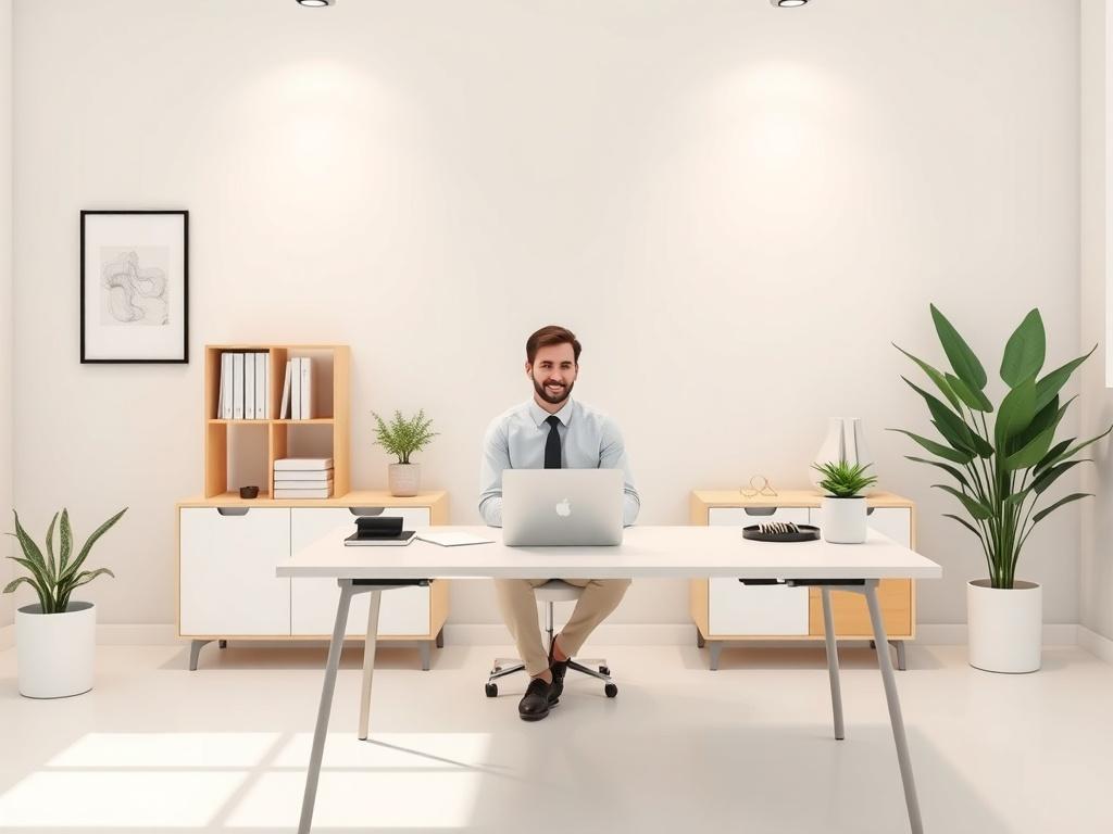 A clean and minimalistic office setting with a single marketing