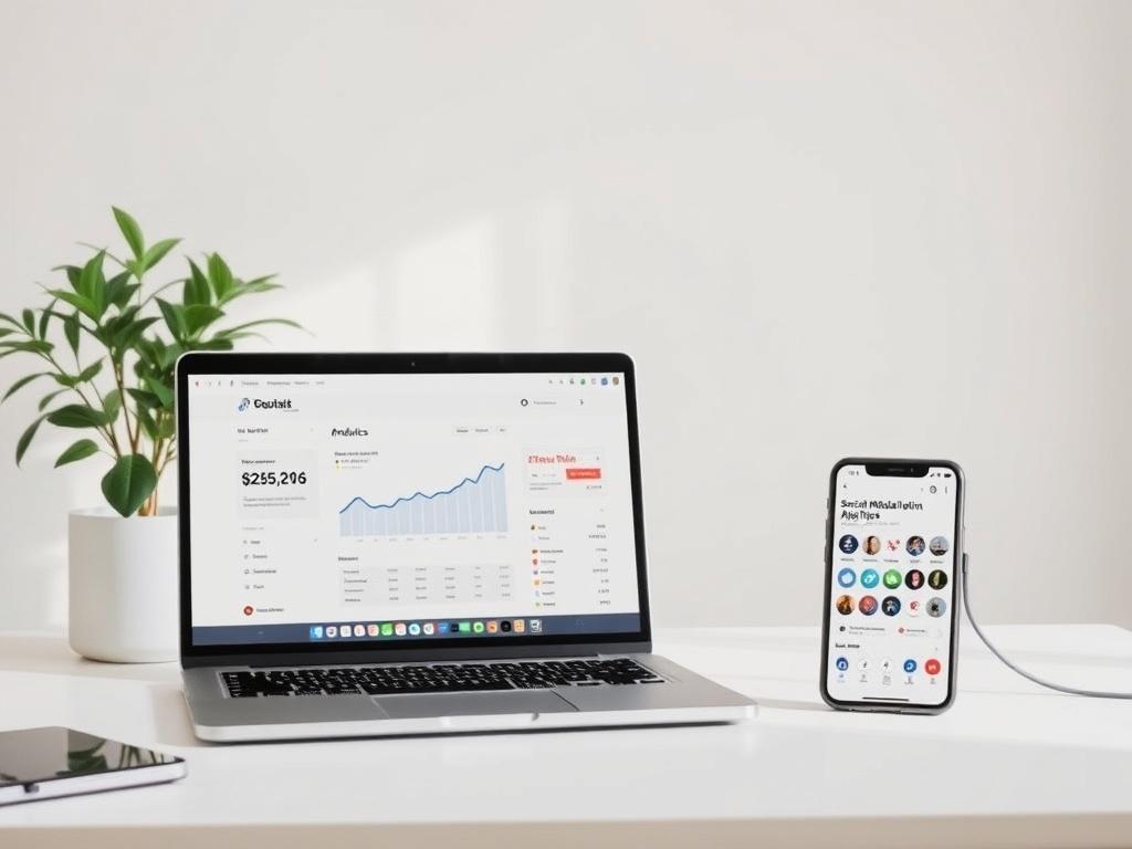 A clean, minimalistic workspace with a laptop displaying social media