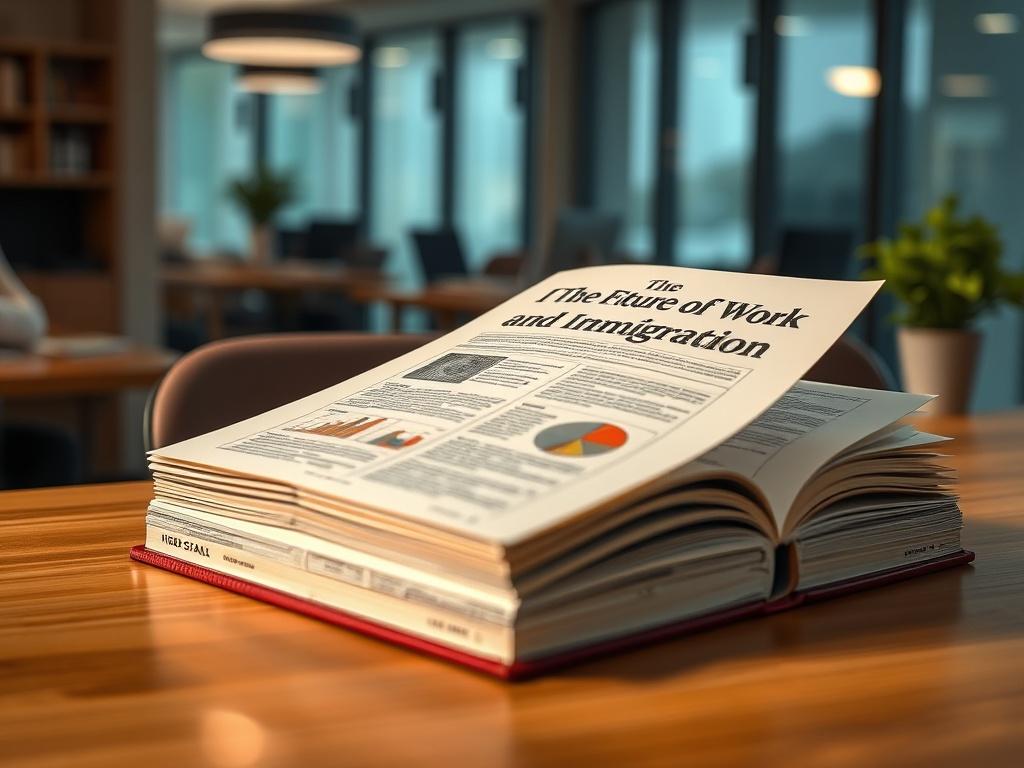 A close-up shot of the book 'The Future of Work and Immigration' resting on a wooden desk, with a modern office setting in the background. The book should be opened to an intriguing chapter, highlighting relevant graphics or charts. The lighting should be bright and focused, drawing attention to the book while maintaining a professional ambiance. The color palette should incorporate the rgb(239, 90, 0) primary color to enhance visual interest.