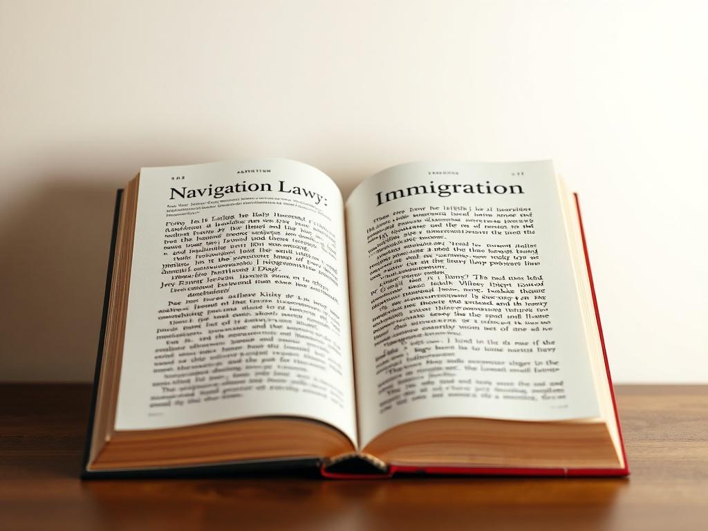 A high-resolution close-up shot of the book 'Navigating Immigration Law' against a simple, neutral-toned background. The book should be open to a highlighted page, showcasing its contents. Soft lighting should enhance the text and illustrations, creating a professional and academic atmosphere. The color scheme should align with the rgb(239, 90, 0) primary color, making the book visually appealing.
