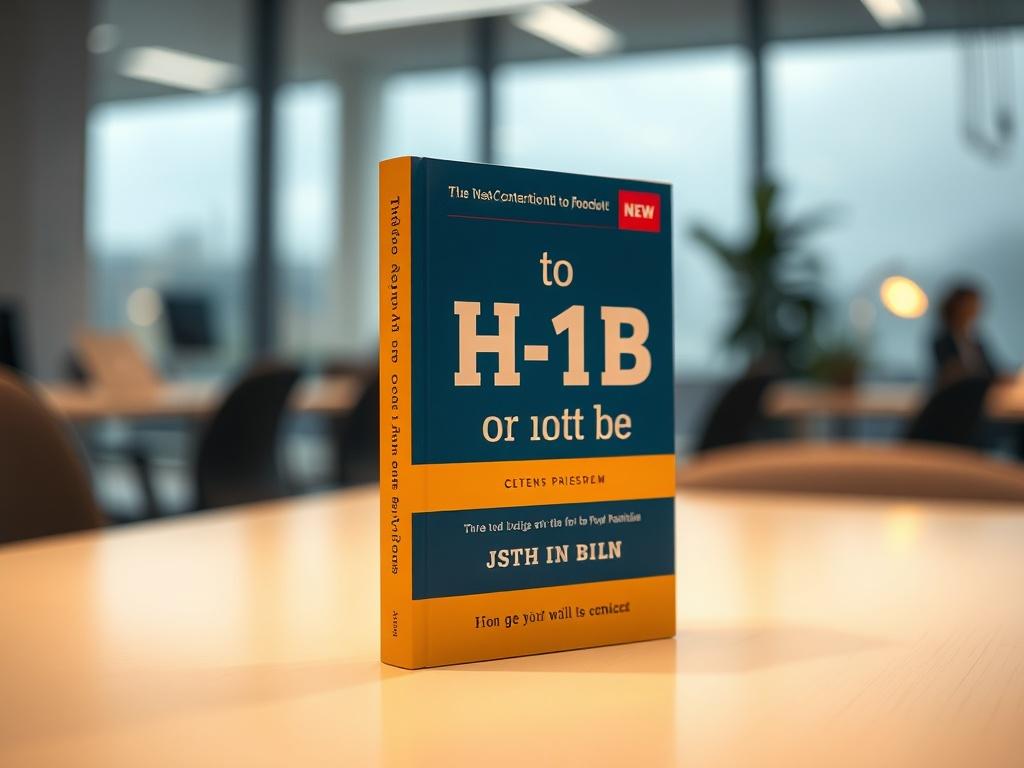 A close-up shot of the book cover for 'To H-1B or not to Be'. The book should be prominently displayed on a clean surface, with a soft-focus background that suggests an office environment. The lighting should be warm and inviting, emphasizing the book's spine and cover design. The color scheme should complement the rgb(239, 90, 0) primary color, ensuring that it stands out beautifully.