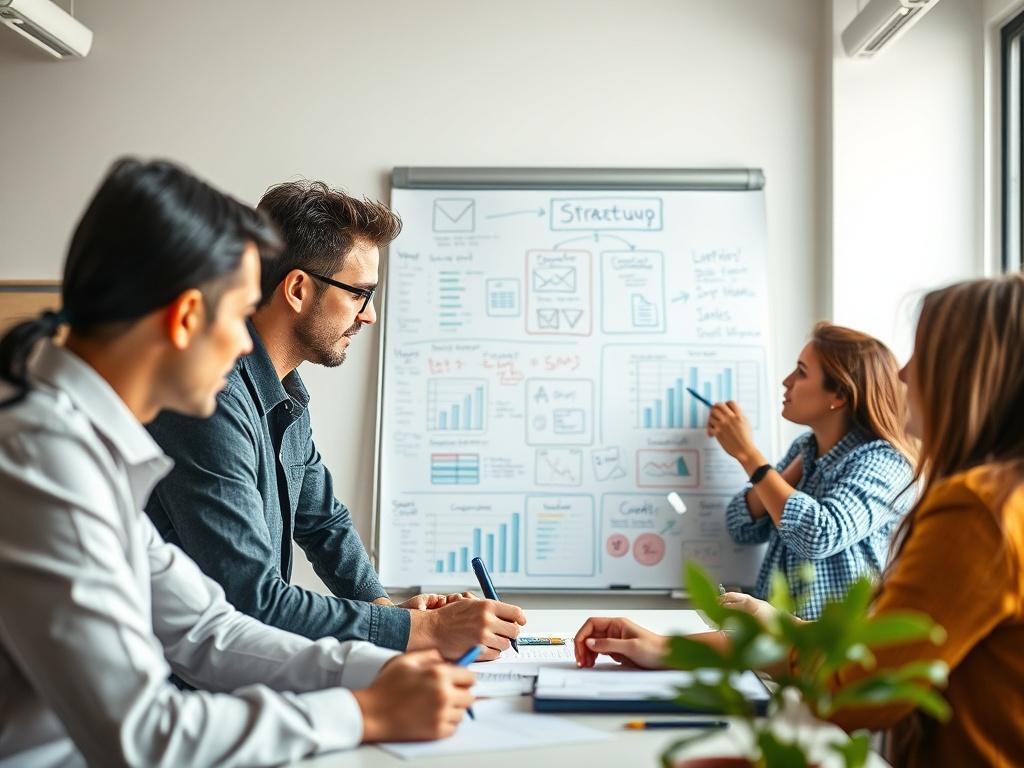 A focused, hyper-realistic close-up shot of a team brainstorming with a whiteboard filled with charts and notes. The setting is a modern office with a bright atmosphere, highlighting the collaborative energy. The image should capture the intensity and creativity of the group as they develop strategies for a startup. The background should be clean and organized, with natural light filtering in, creating an inviting workspace.