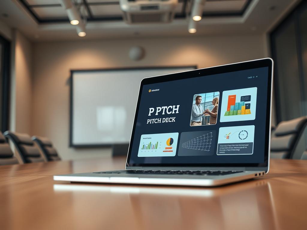 A hyper-realistic close-up shot of a beautifully designed pitch deck displayed on a laptop screen. The background features a modern meeting room with a projector, displaying the pitch deck prominently. The image should reflect professionalism and creativity, emphasizing the importance of a compelling presentation in securing investor interest.
