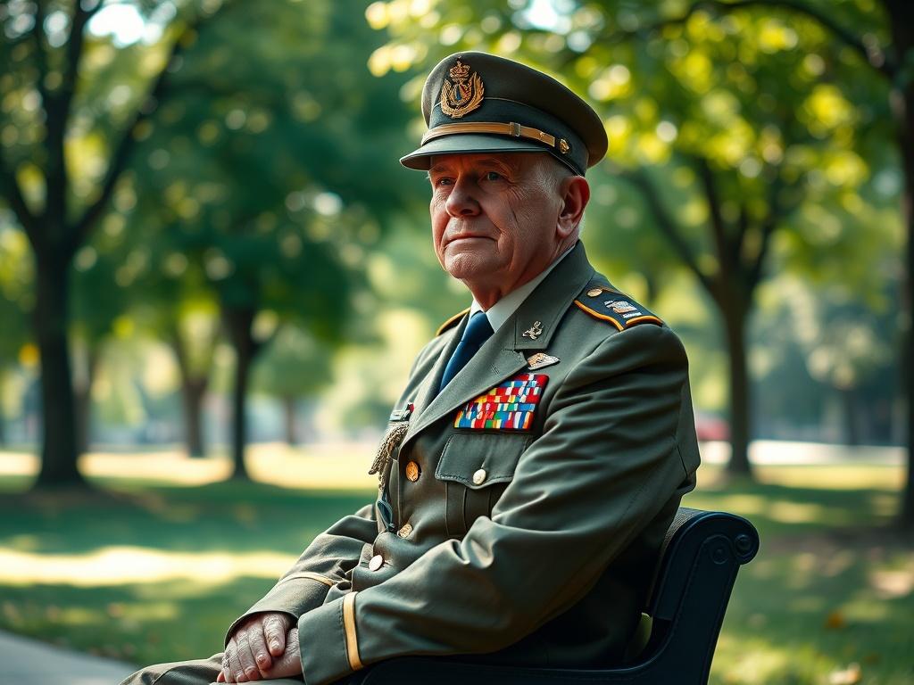 Create a realistic high-resolution photo featuring a single, distinguished veteran seated in a peaceful outdoor setting. The veteran should be dressed in a well-pressed military uniform adorned with honors and medals, symbolizing their service. Their face should express a sense of pride and reflection, capturing the essence of experience and dedication. 

The background should be a serene park scene, featuring soft sunlight filtering through lush green trees and a gentle breeze creating a sense of tranquili