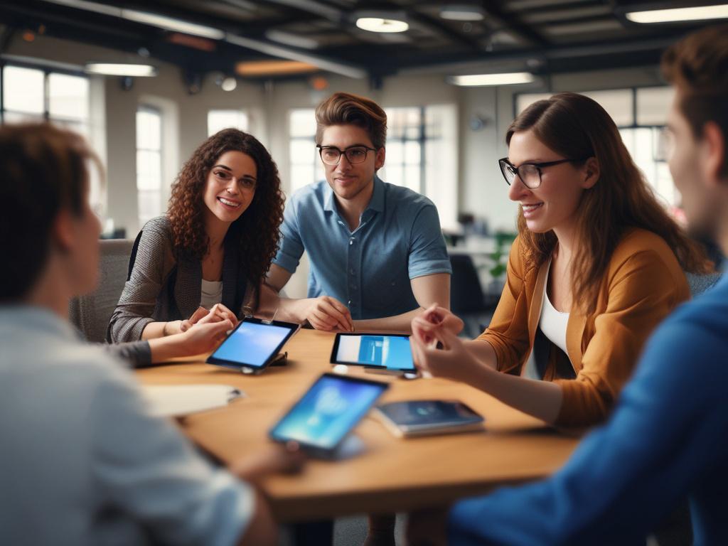 A vibrant close-up shot of a marketing team brainstorming in a lively office environment. The focus is on a young woman presenting her ideas on a digital tablet, while colleagues attentively listen. The background showcases colorful marketing materials and collaborative tools. The image is rendered in high-resolution with a 45mm f/1.2 lens, capturing the dynamic energy and creativity of the team.