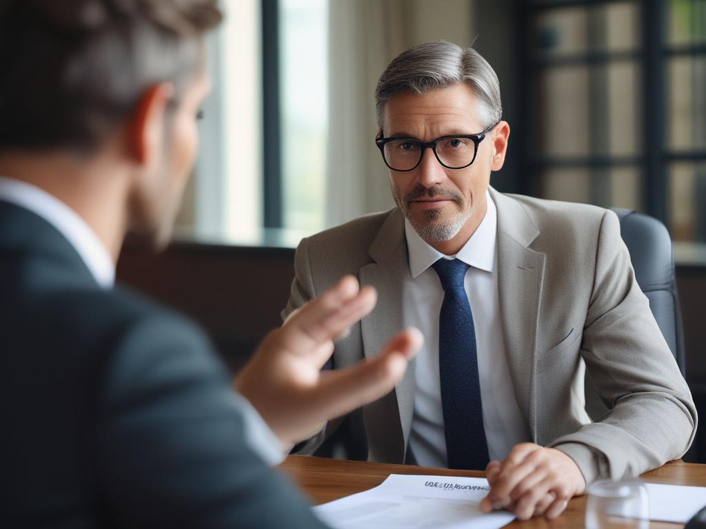 A close-up shot of a professional consultant engaged in a discussion with a client. The consultant, a middle-aged man in a business suit, is gesturing thoughtfully. The background features a modern office setting with soft natural lighting. The image is captured in high-resolution with a 45mm f/1.2 lens, ensuring a clear focus on the consultant's expression while the background remains subtly blurred.