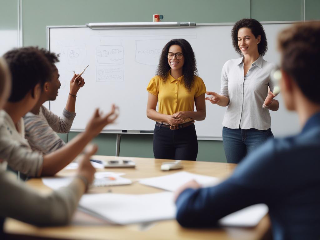 A close-up shot of a trainer engaging with participants in a classroom setting. The trainer, a woman in her thirties, is demonstrating a concept on a whiteboard while attendees are taking notes. The background is filled with educational materials and a warm, inviting atmosphere. The image is captured in high-resolution with a 45mm f/1.2 lens, focusing on the interaction and enthusiasm in the room.