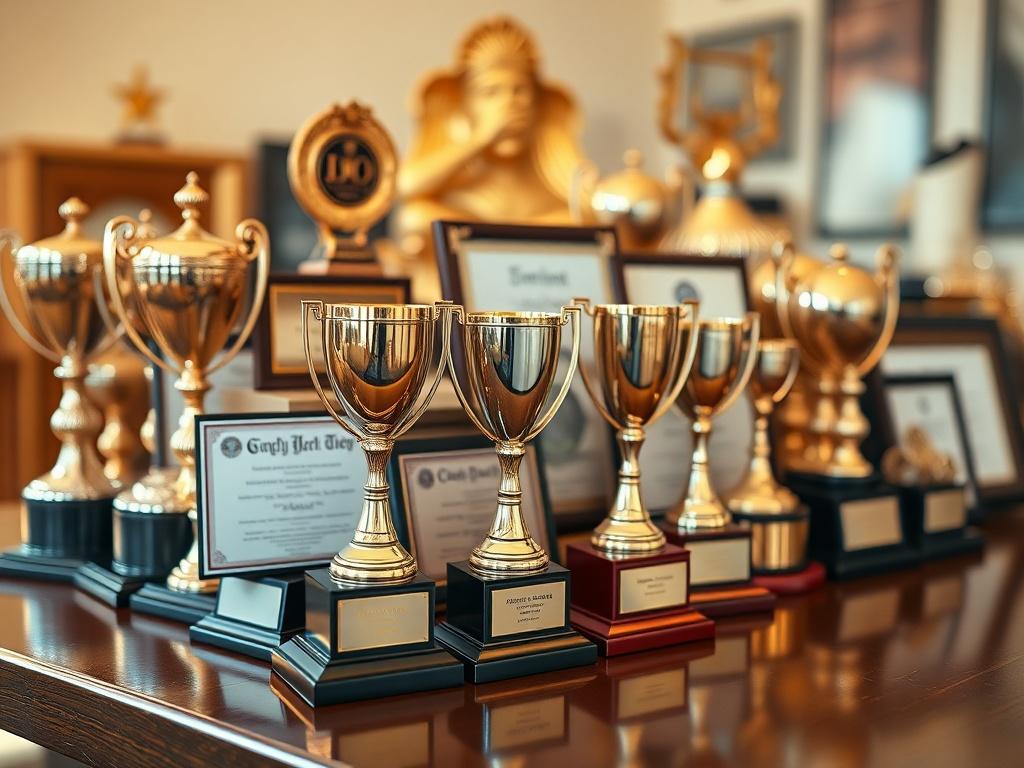 A hyper-realistic collage of various awards and trophies displayed on a polished wooden table. The awards should include a mix of gold, silver, and bronze trophies, along with certificates and plaques, all elegantly arranged. The background should be a soft-focus, highlighting the awards as the central focus of the image. The lighting should be warm, creating an inviting atmosphere that emphasizes the achievements represented by the awards.