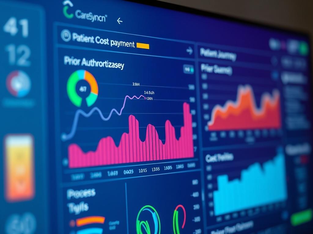 A hyper-realistic close-up of a digital healthcare dashboard featuring the CareSync™ platform interface. The dashboard should display graphs and data analytics related to patient journeys, prior authorization processes, and cost predictions. The background should be a soft gradient of rgb(239, 90, 0) to enhance focus on the dashboard's vibrant colors and details.