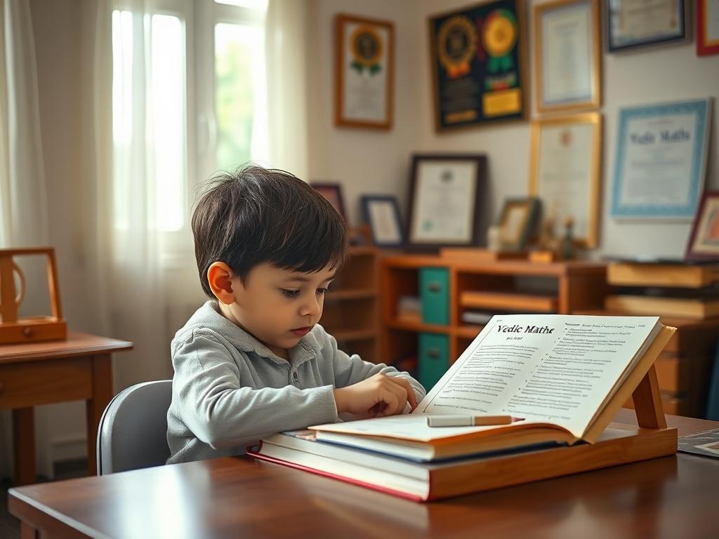 A focused child sitting at a desk, intensely working on