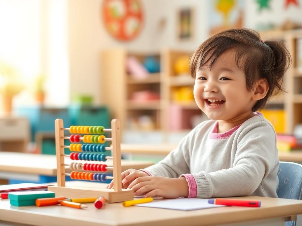 A bright and cheerful classroom setting with a young child