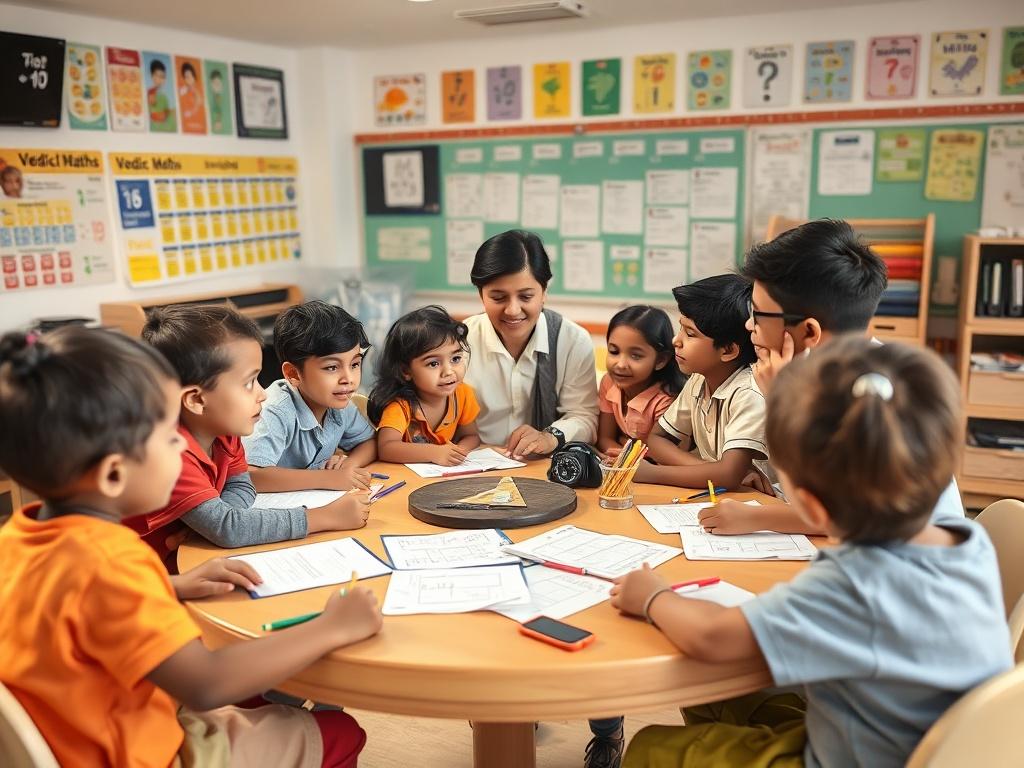 An enthusiastic group of children participating in a Vedic Maths