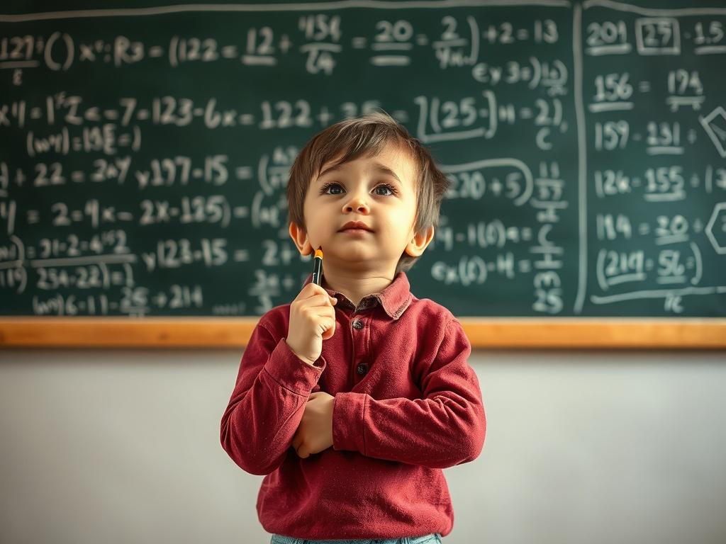 A child standing confidently in front of a chalkboard filled