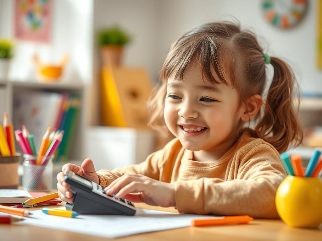 A child with a joyful expression, using a calculator and