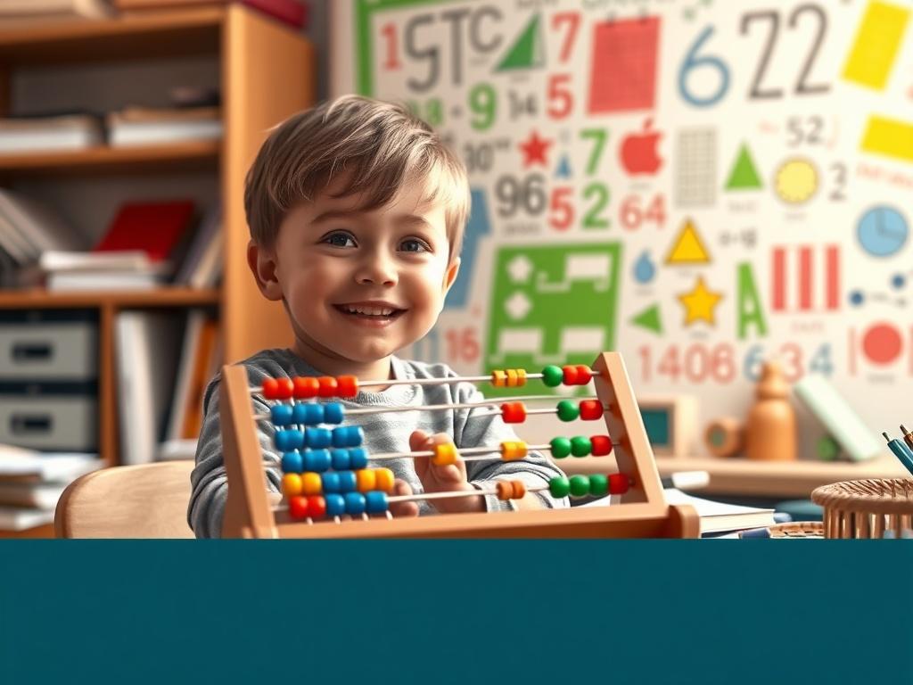 A young child sitting at a desk with an abacus,