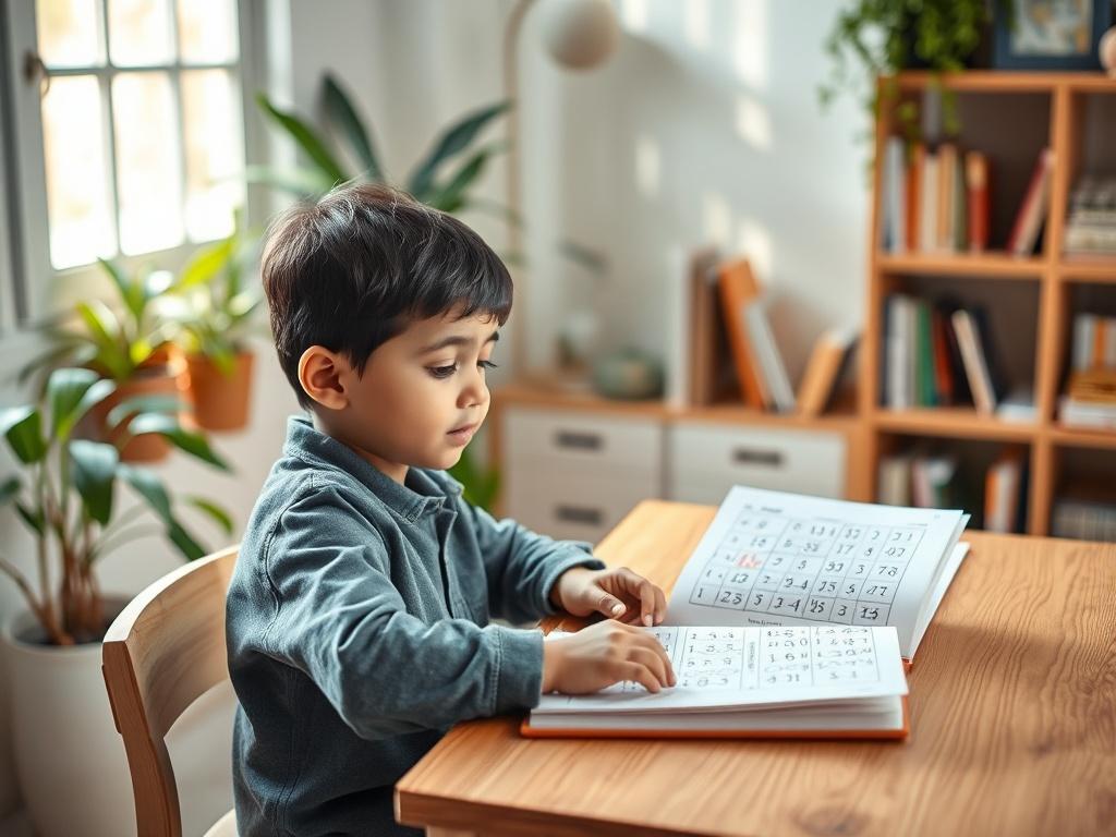 Create a realistic high-resolution photo that captures the essence of a child unlocking their potential through Vedic Maths. The composition should feature a young child, around 8-10 years old, sitting at a simple wooden desk, deeply focused on a colorful workbook filled with math problems. The child should be depicted with a look of excitement and determination, showcasing their problem-solving skills and engagement with Vedic Maths.

In the background, incorporate elements that suggest a calm and nurturin