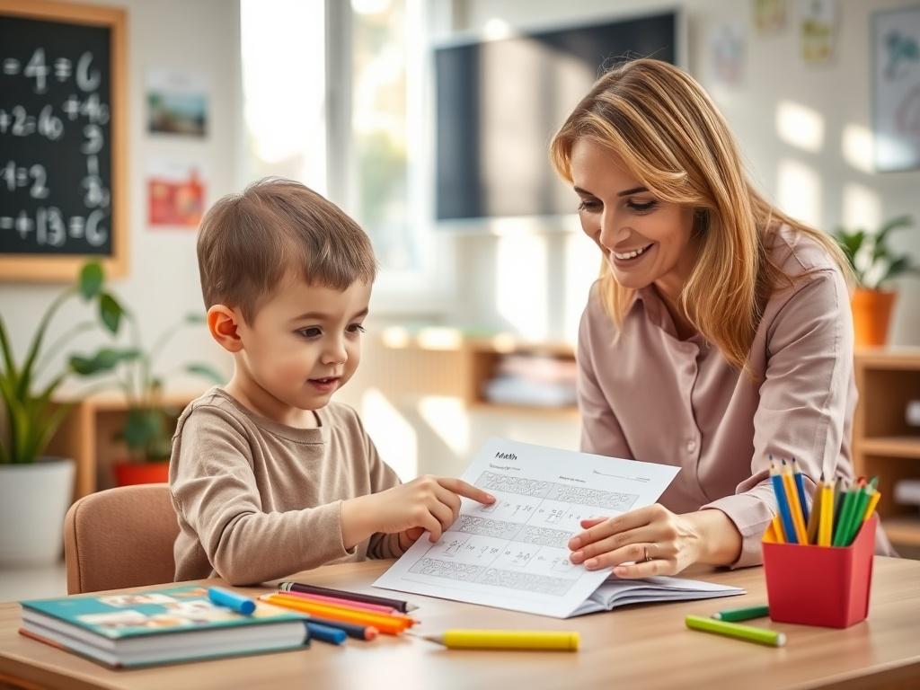 A serene classroom setting with a young child focused on a math assessment sheet, surrounded by colorful educational materials. The teacher, a friendly adult, is providing positive feedback, pointing at the child's work with a smile. Soft, natural lighting filters through a window, creating a calm and encouraging atmosphere. The background features a chalkboard with math symbols and a few plants to enhance the peaceful environment.