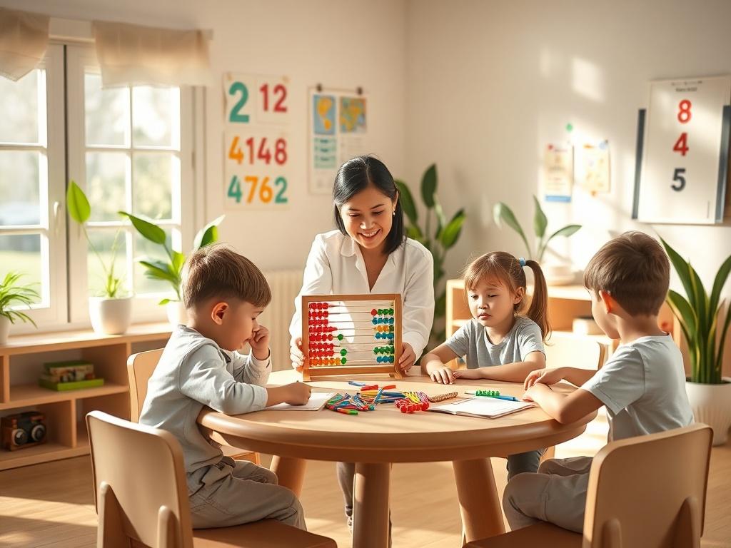 A serene classroom setting with a small group of children, aged 5-10, sitting at a round table, focused on their abacus and math activities. A caring instructor, with a warm smile, is guiding them one-on-one. Soft natural light streams through the windows, creating a peaceful atmosphere. The walls are adorned with colorful math-related posters, and there are soft green plants in the background to reflect the theme of nurturing young minds.