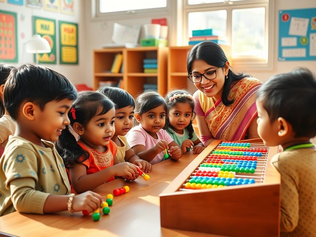 A vibrant classroom scene focusing on children aged 5-10 engaged in an Abacus class. The image shows a diverse group of children, captivated as they manipulate colorful Abacus beads. The teacher, an enthusiastic individual, guides them with a smile. The classroom is bright and cheerful, decorated with math-related posters and educational tools. Sunlight streams through a window, adding warmth to the environment, creating an atmosphere of learning and fun.