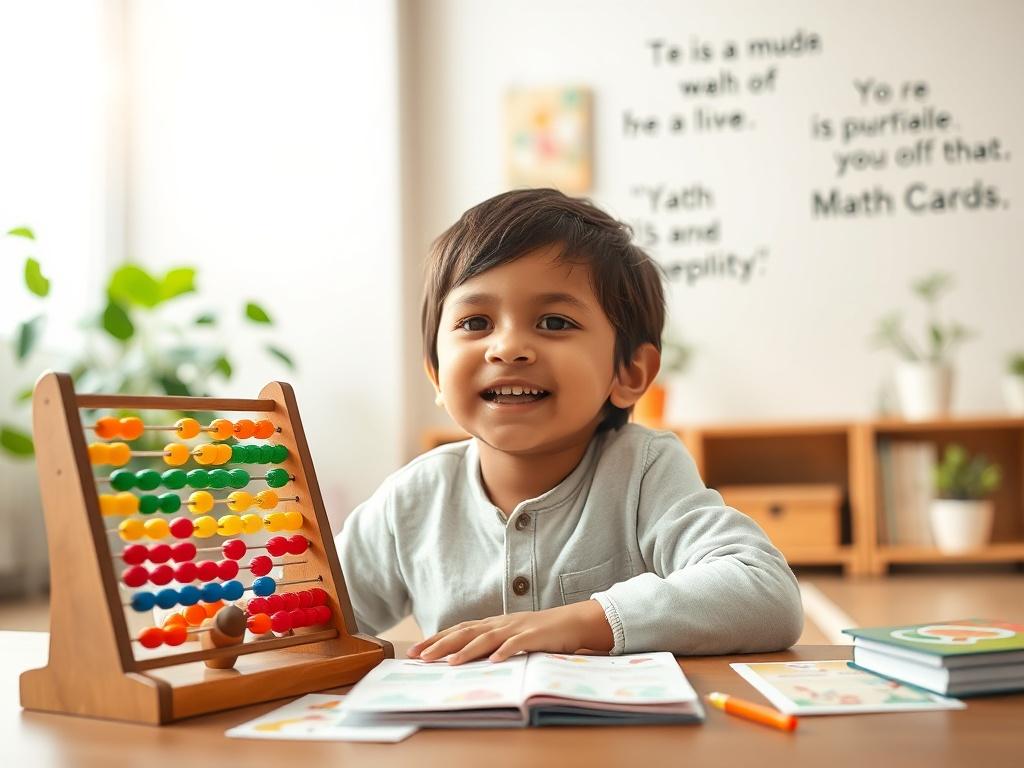 A joyful child engaging in a fun Abacus and Vedic Maths session, surrounded by colorful learning materials like an abacus, math cards, and visual aids. The background features a softly lit, peaceful classroom environment with plants and motivational quotes on the walls. The child is smiling, demonstrating concentration and enthusiasm, with a bright atmosphere that reflects creativity and learning.