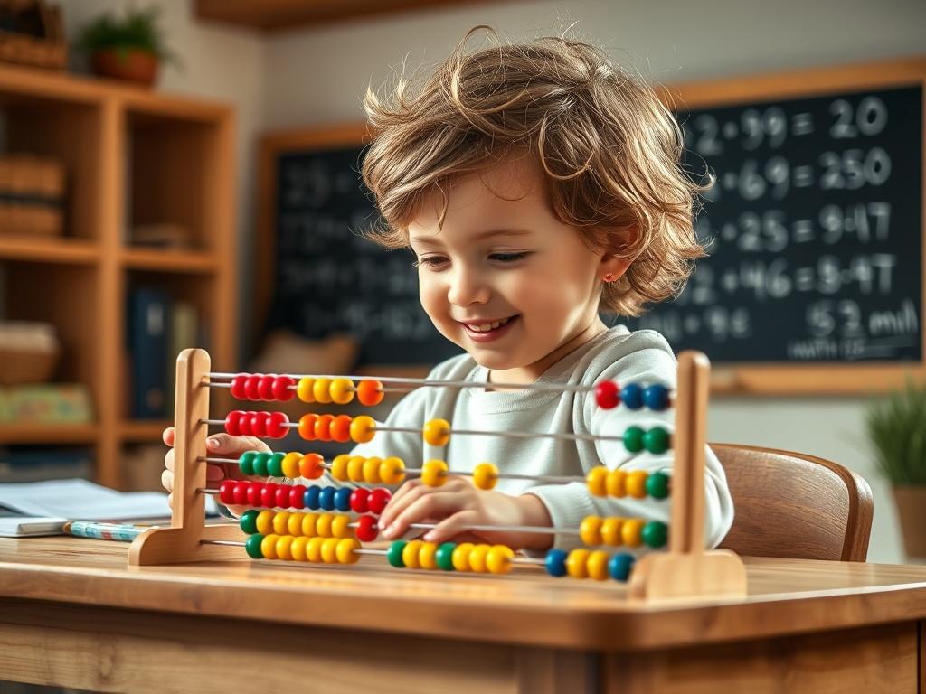 A young child sitting at a wooden desk, focused and engaged, using an abacus with colorful beads. The child's expression is one of determination and joy as they manipulate the beads to solve a math problem. The background is a cozy, well-lit room with soft lighting and warm colors, creating a peaceful atmosphere. A chalkboard with simple math equations is visible in the background, adding to the educational theme.