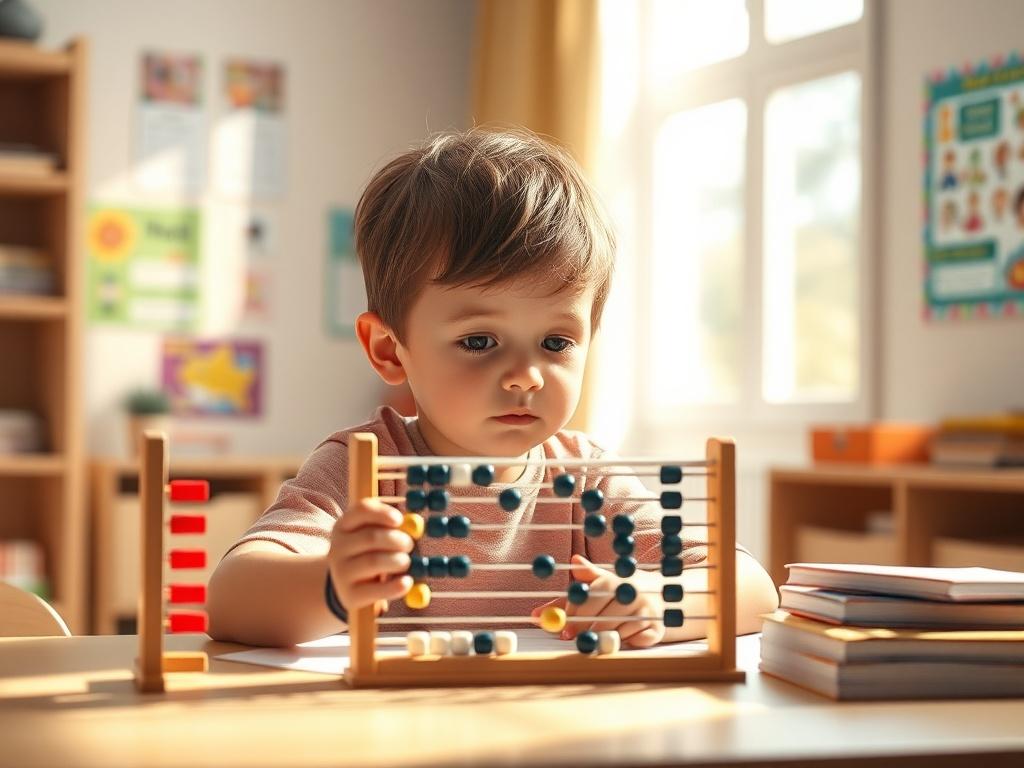 A focused child sitting at a desk with an abacus in front of them, deeply engaged in solving a math problem. The room is well-lit with soft, natural light streaming through a window, creating a peaceful atmosphere. The child's expression shows concentration and determination. In the background, there are colorful educational posters on the wall, and a few math books scattered on the desk, adding to the learning environment.
