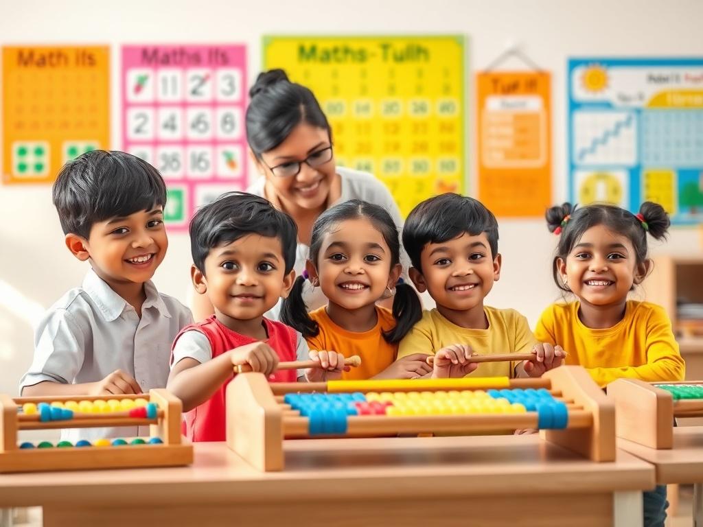 A vibrant classroom scene featuring young children engaged in learning mathematics using the Abacus and Vedic Maths techniques. The setting should be bright and welcoming, showcasing children of diverse backgrounds working together in pairs, smiling and enjoying the learning process. The background includes colorful educational posters related to maths concepts, and a teacher guiding them with enthusiasm. The atmosphere conveys energy, fun, and confidence, with a focus on the joy of learning.