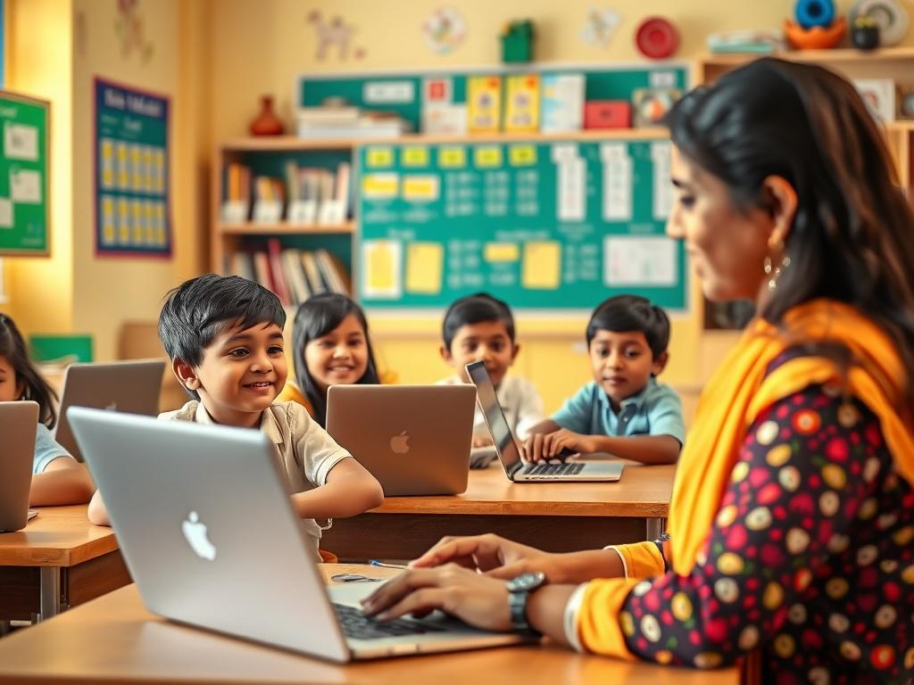 A realistic high-resolution photo depicting a classroom scene of children engaged in an online maths class. The children, aged around 7-10 years, are sitting at their desks, focused on their laptops, with smiles of enthusiasm. In the foreground, a patient and encouraging teacher, of Indian descent, is guiding them through a lesson on Vedic Maths. The background shows a colorful, cheerful learning environment with educational posters and bookshelves filled with math resources. The overall atmosphere is vibra