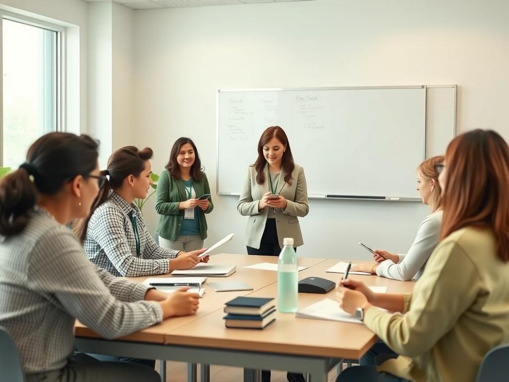 A serene classroom setting with a diverse group of enthusiastic teachers participating in a training session, engaged in interactive learning. Soft lighting enhances the peaceful atmosphere, with soft green accents to reflect the primary color theme. The focus is on a teacher presenting a lesson using visual aids, while others take notes and discuss in small groups.