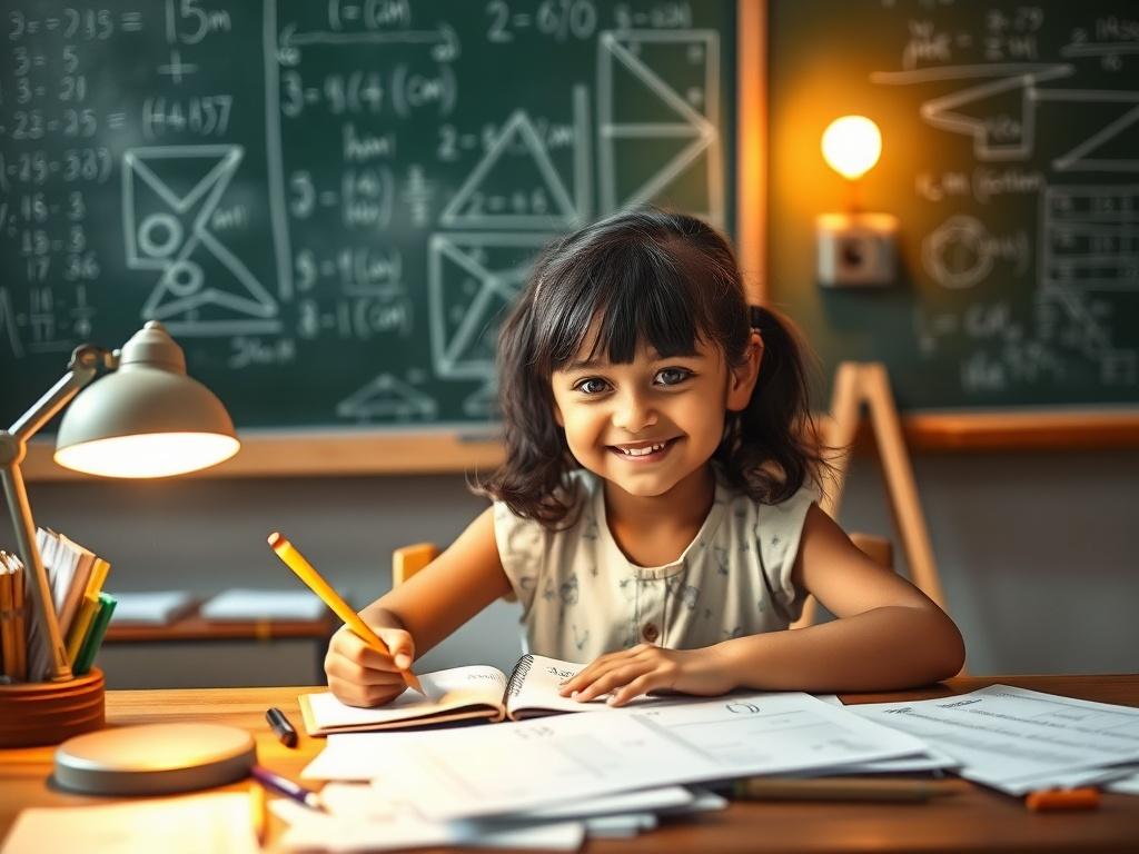 A young girl, around 8 years old, sitting at a desk with a notebook and pencil, enthusiastically solving Vedic Maths problems. The desk is cluttered with math worksheets and a bright lamp illuminates her work area. The background shows a chalkboard with math equations and diagrams. The girl's expression is one of determination and joy, embodying the spirit of learning and creativity.