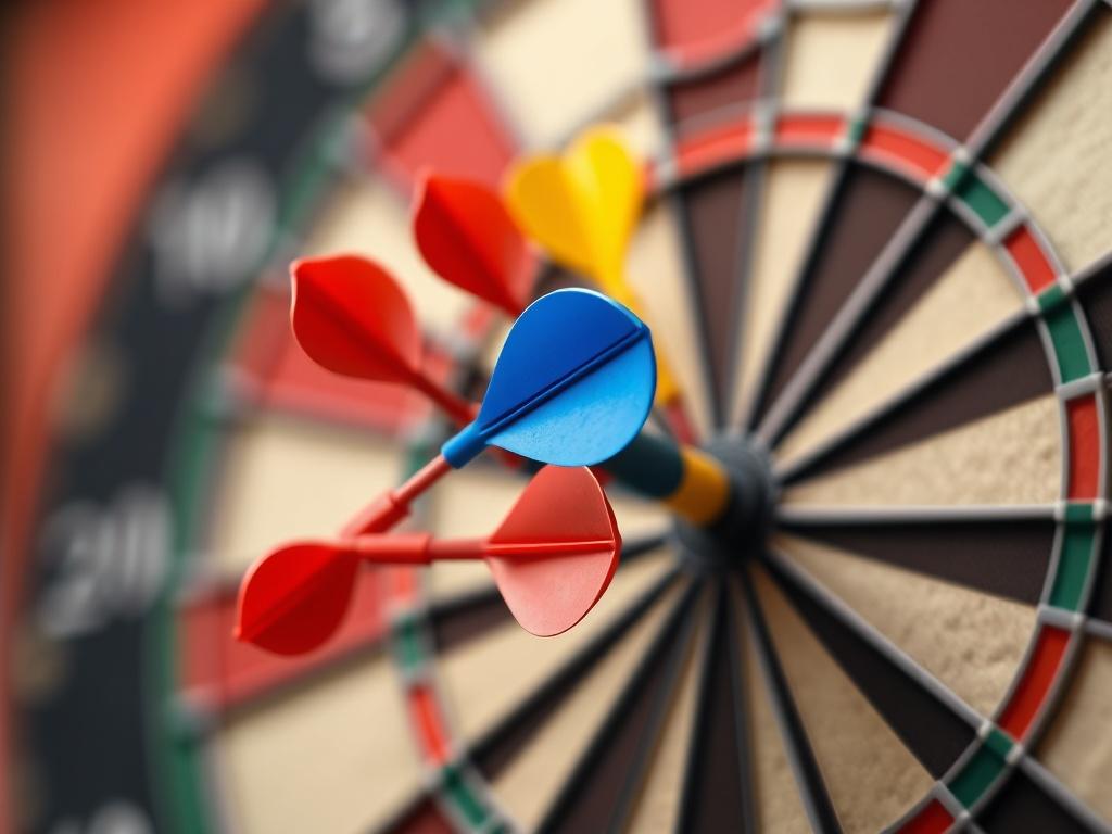 A close-up shot of a dartboard with colorful darts embedded in it, showcasing a variety of dart colors like red, blue, and yellow. The background is softly blurred, emphasizing the dartboard and darts, while the lighting highlights the vibrant colors of the darts. The scene captures the excitement and focus of a darts game, perfect for attracting attention to a darts event.