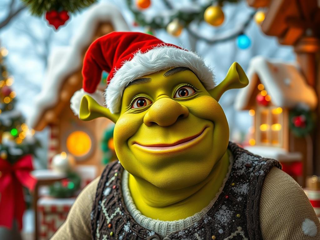 A festive holiday scene featuring a whimsical Christmas celebration inspired by Shrek. The image showcases a cozy outdoor setting with a vibrant green ogre, Shrek, wearing a Santa hat and a cheerful smile, surrounded by colorful Christmas decorations like twinkling lights and ornaments. The background includes a charming gingerbread house and snow gently falling, creating a warm, inviting atmosphere. The composition is focused on Shrek, capturing his playful spirit in a festive environment.