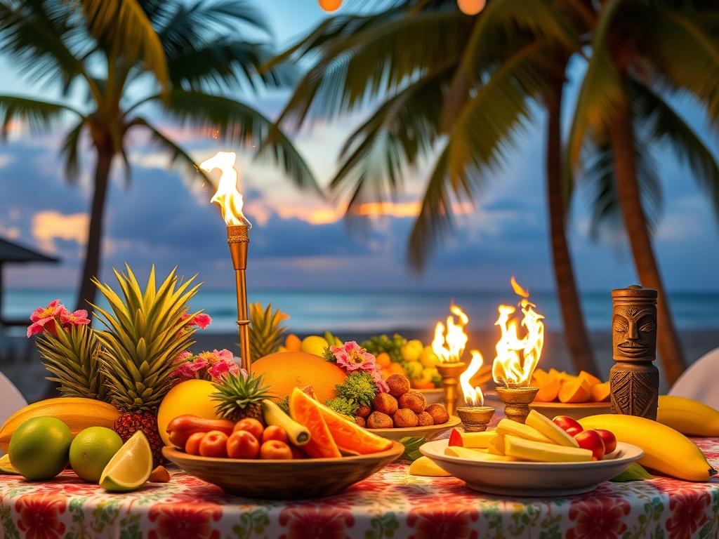 A vibrant luau celebration scene featuring a traditional Hawaiian feast. The image focuses on a beautifully arranged table with colorful tropical fruits, leis, and tiki torches, set against a sunset backdrop with palm trees swaying gently. The atmosphere is lively and inviting, capturing the essence of a joyful Hawaiian gathering.