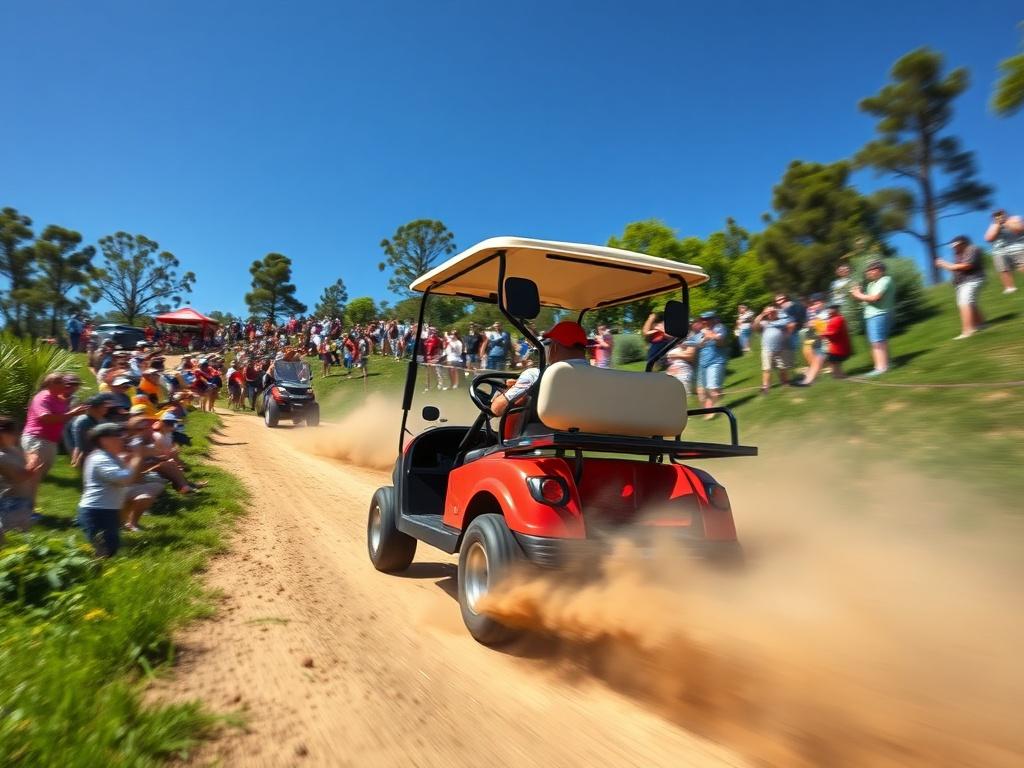 A vibrant close-up shot of an exciting golf cart uphill racing event. The image should capture a dynamic golf cart speeding up a steep hill, with dust flying behind it to emphasize the speed and thrill of the race. In the background, a cheering crowd can be seen, surrounded by lush greenery and the blue sky above. The focus should be on the golf cart in motion, showcasing its design and the excitement of the race. The colors should be bright and lively, reflecting the energetic atmosphere of the event.