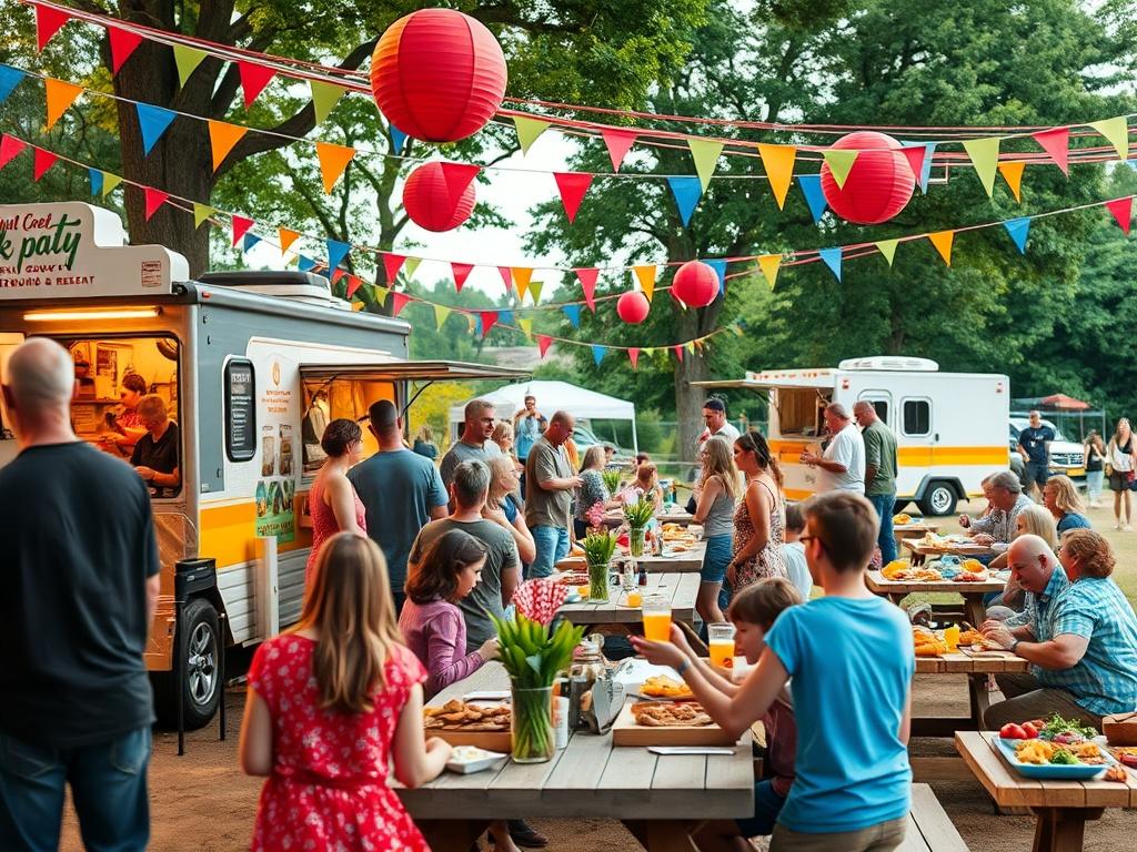 A vibrant and lively scene of a block party at Walnut Creek Campground & Resort in Chillicothe, United States. The image should feature families and friends gathered outside, enjoying food from various food trucks, and engaging in fun activities like games and live music. The background should showcase colorful decorations, picnic tables filled with delicious food, and lush greenery that represents the campground's natural beauty. The atmosphere should feel festive and inviting, capturing the essence of com