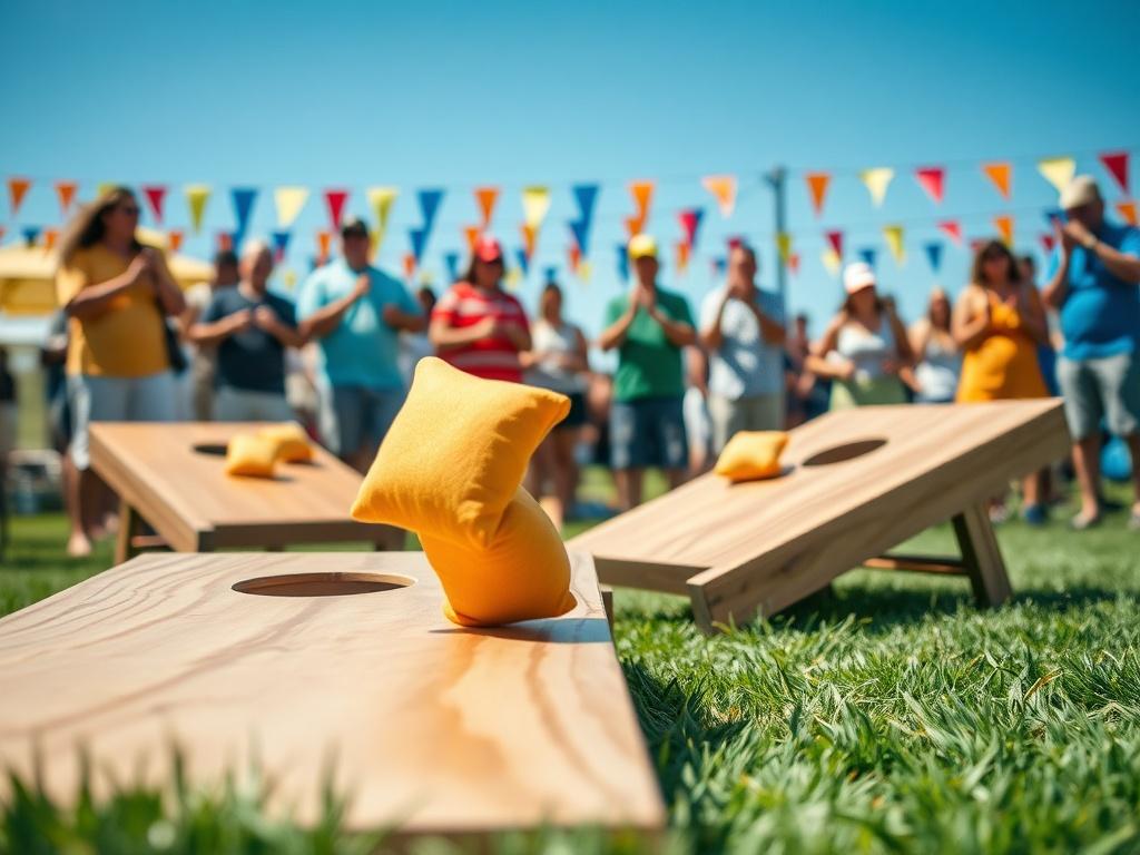 A vibrant outdoor scene featuring a cornhole tournament in full swing. The foreground showcases two players intensely focused on tossing cornhole bags towards a wooden board, while spectators cheer in the background. The setting is sunny, with green grass and colorful banners fluttering in the breeze. The image captures the excitement and camaraderie of the event, with a clear blue sky above.