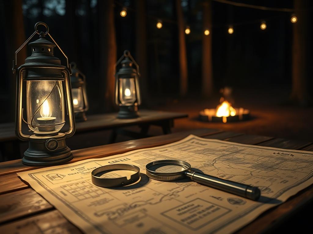 A high-resolution close-up shot of a mysterious, dimly lit campsite at Walnut Creek Campground & Resort. The scene features a wooden picnic table set with vintage-style lanterns casting flickering shadows. In the foreground, there is a magnifying glass and an old, tattered map spread out on the table, hinting at a thrilling murder mystery game. The background includes dark trees and a hint of a campfire glowing softly, creating an atmosphere of suspense and intrigue.