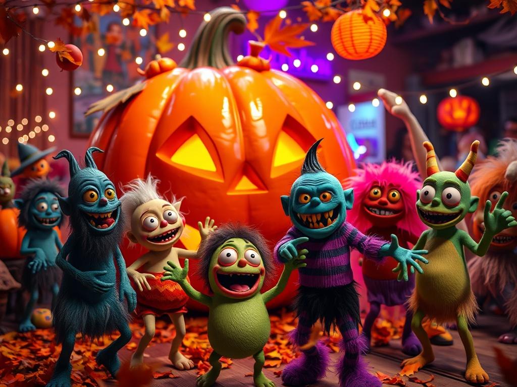 A vibrant and spooky Halloween-themed event scene, featuring a colorful Monster Mash party. The scene includes a large decorated pumpkin and a playful group of friendly monsters dancing together in a cheerful atmosphere. The background is filled with autumn leaves and twinkling lights, creating a festive ambiance. The focus is on the friendly monsters, showcasing their fun costumes and lively expressions, captured in a hyper-realistic style with a close-up shot.