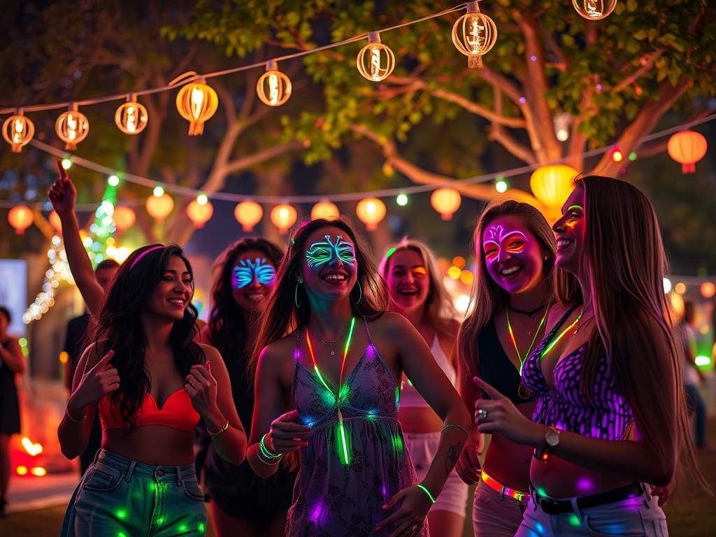A vibrant summer glow party scene featuring a lively outdoor setting with colorful glowing decorations and string lights. The focus is on a group of friends dancing joyfully under the stars, with neon face paint and accessories that radiate a fun, festive atmosphere. The background includes trees adorned with glowing lanterns and a soft, glowing ambiance, creating a magical nighttime experience.