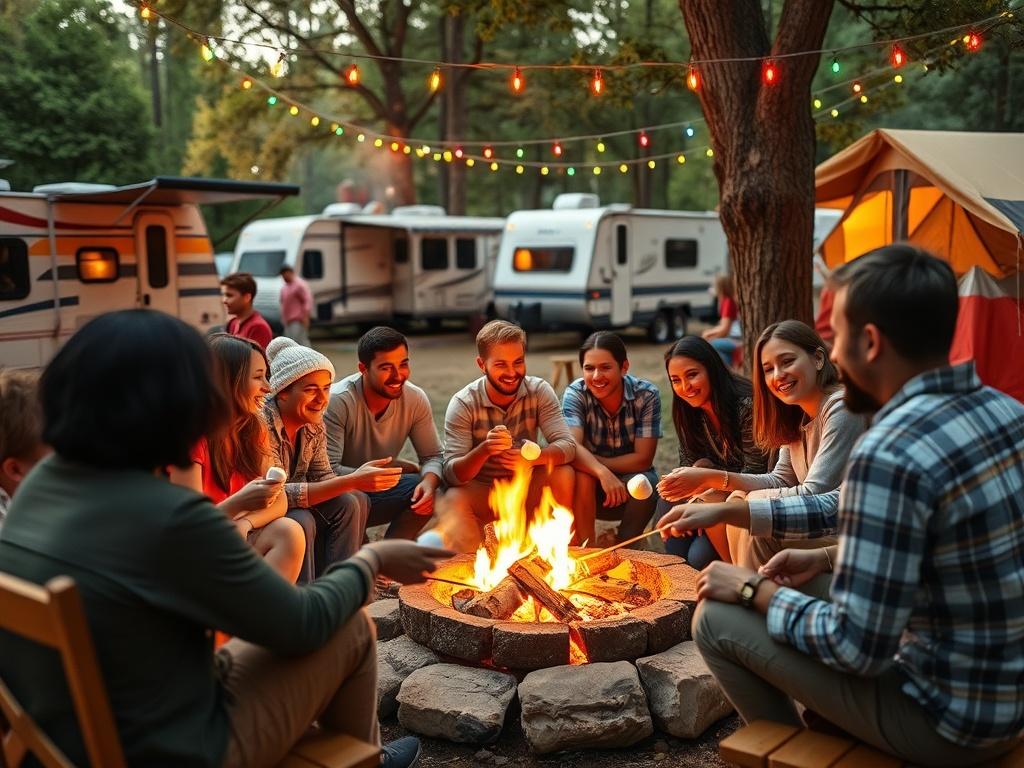 A festive outdoor scene showcasing a vibrant camper party at Walnut Creek Campground. The image should feature a group of diverse campers enjoying a lively gathering around a campfire, with colorful string lights hanging from nearby trees. There should be a variety of campers, including RVs and tents in the background, with people roasting marshmallows, playing games, and sharing laughter. The overall atmosphere should be warm and inviting, capturing the joy of community and the beauty of nature.