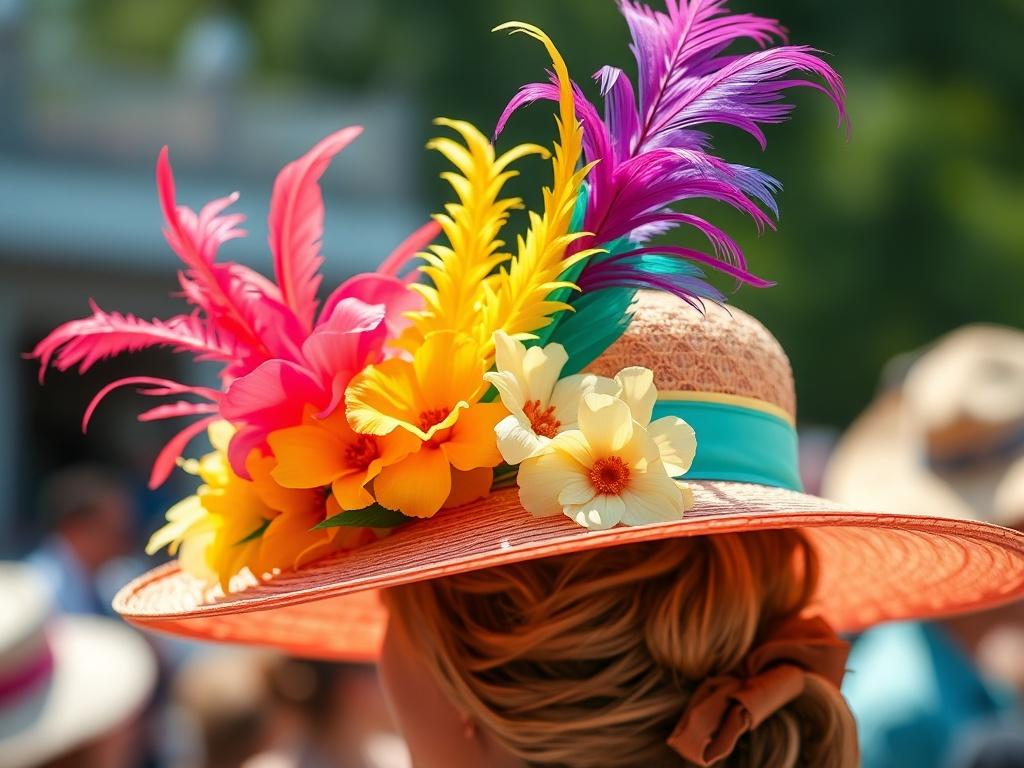 A vibrant and elegant scene featuring a close-up of a beautifully crafted Kentucky Derby hat, adorned with colorful feathers and flowers. The background should be softly blurred to emphasize the hat, creating a sense of sophistication and excitement associated with the Kentucky Derby. The lighting should be bright and cheerful, capturing the essence of a festive outdoor event.