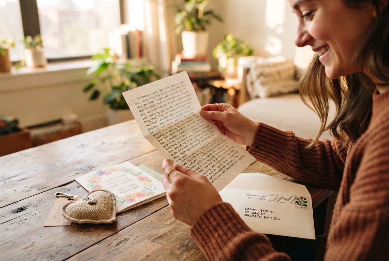Woman's hands opening a beautiful handwritten envelope with a heartfelt letter inside, warm golden light from window
