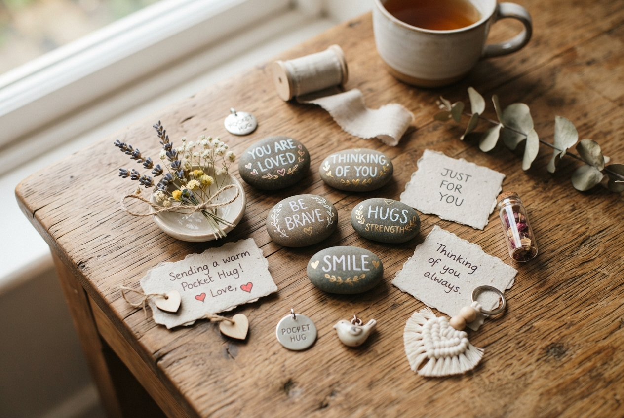 Beautiful collection of pocket hug keepsakes: smooth stones with kind words, dried flowers, handwritten notes, tiny thoughtful trinkets