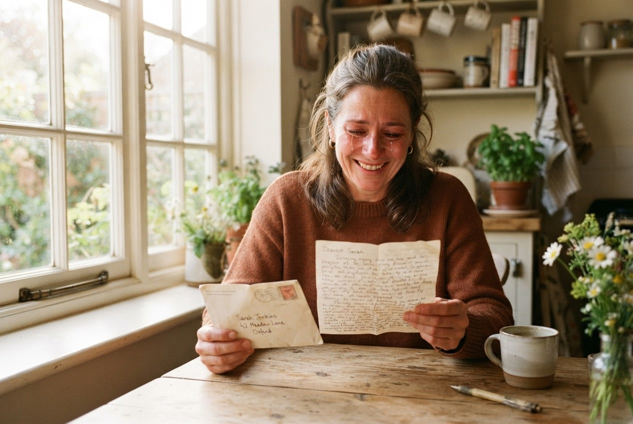Woman reading a personal letter at her kitchen table with joy, warm natural light from window, genuine emotional connection moment