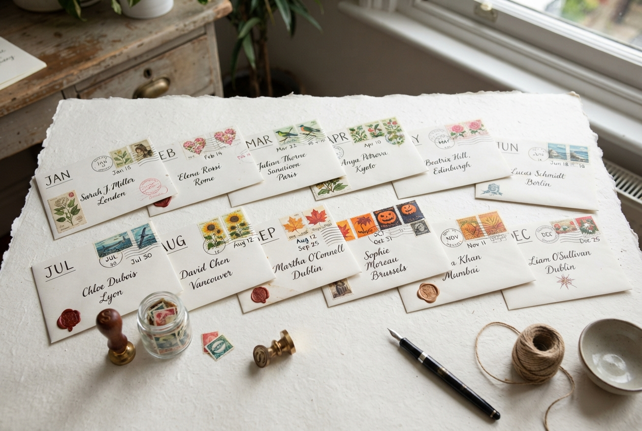 Stack of 12 beautiful handwritten envelopes from a full year collection, each with different artistic stamps and addresses