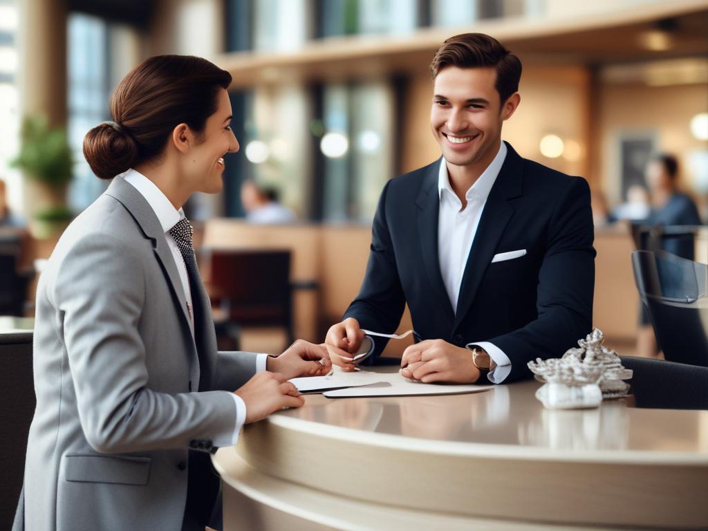 A close up shot of a smiling concierge assisting an