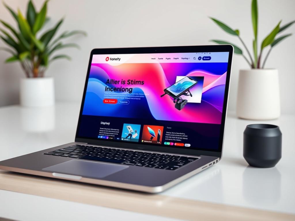 A close-up shot of a sleek and modern laptop displaying a beautifully designed website, showcasing vibrant colors and intuitive navigation. The background features a clean and minimalistic workspace with a hint of greenery for a refreshing touch. The focus is on the laptop screen, emphasizing the website design details, captured with a 45mm f/1.2 lens for a hyper-realistic effect, ensuring sharpness in the foreground and a soft, blurred background.