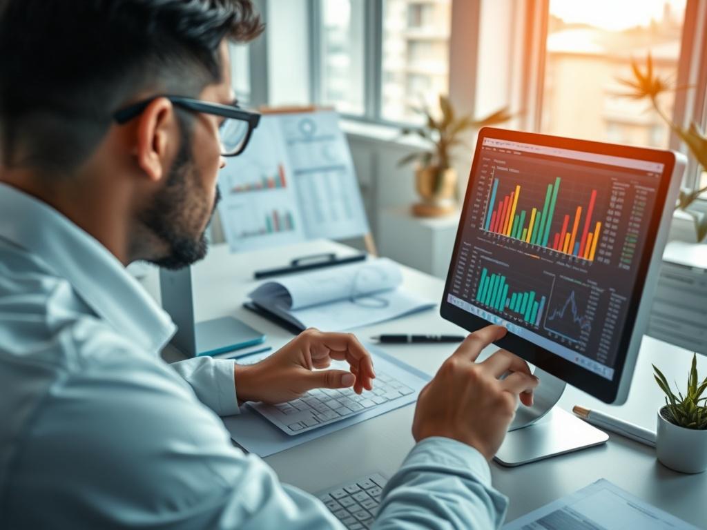 A round-style image depicting a professional working on a custom spreadsheet, with colorful graphs and data displayed on the screen. The setting should be a bright office with organized paperwork and a focused atmosphere.