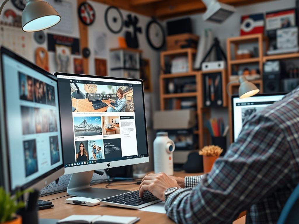 A round-style image showcasing a web designer at work, creating a stunning website layout on a computer screen. The background should feature design tools and a lively workspace filled with creativity.